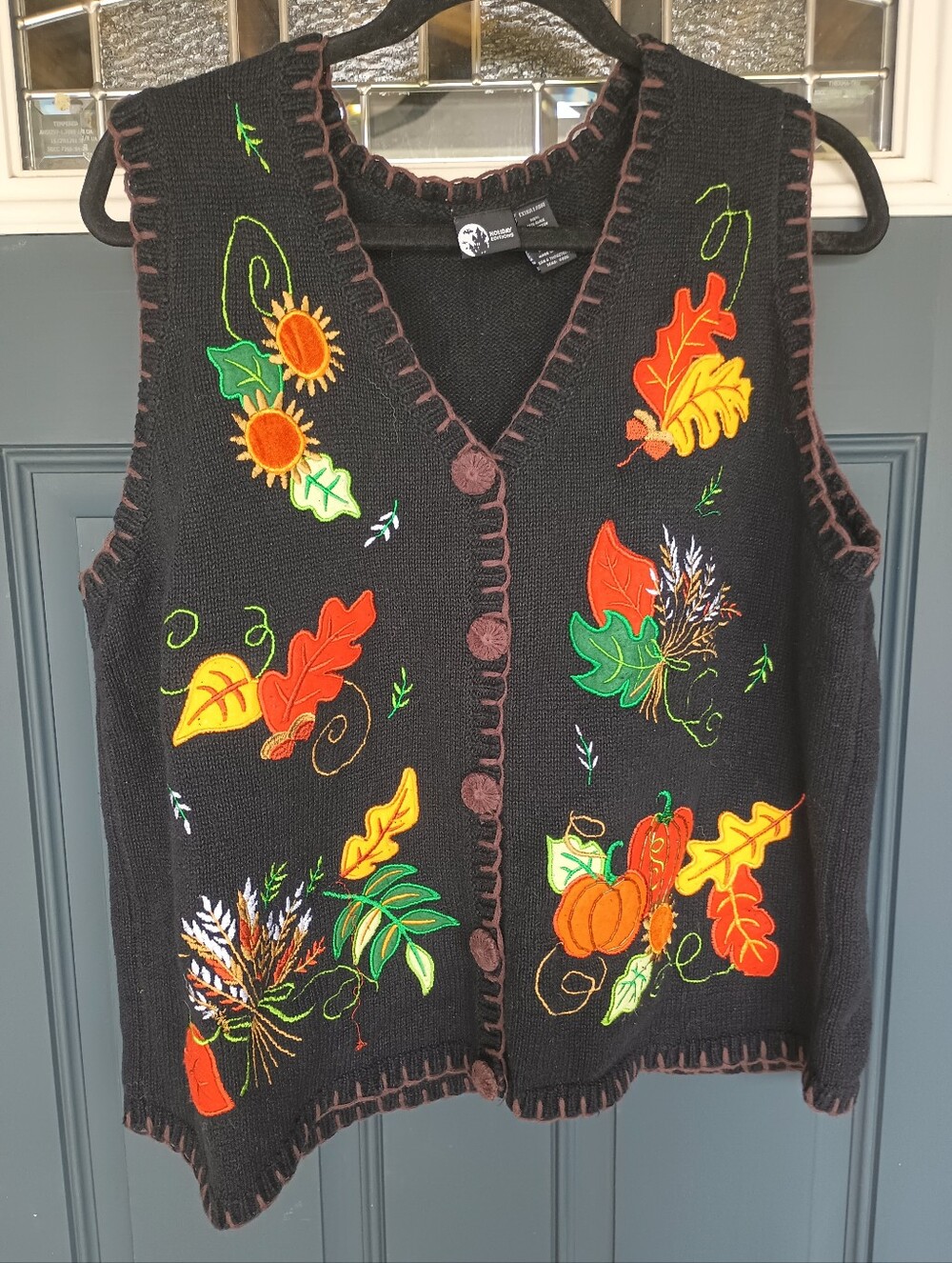 Autumn Thanksgiving Knitted Applique Vest Sz XL Cottagecore Grandmacore Retro